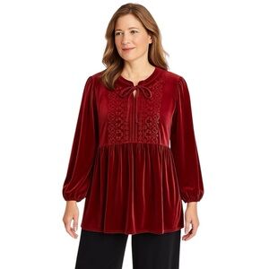 The Pioneer Woman Velvet Embroidered Peasant Tunic Top XL Red Wine